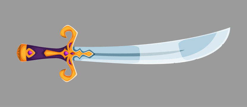 Cartoon scimitar pirate sabre with a curved silver blade, ornate golden guard, purple gemstones and a wooden grip. Vector fantasy knife, cold steel arms corsair saber, dagger or cutlass for battle