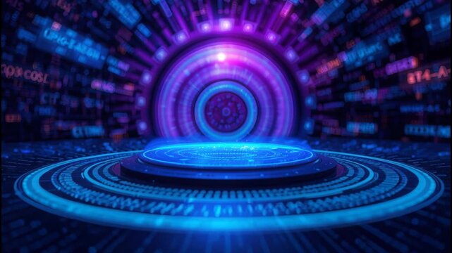 Futuristic holographic platform glowing blue and purple with digital circular interface and neon