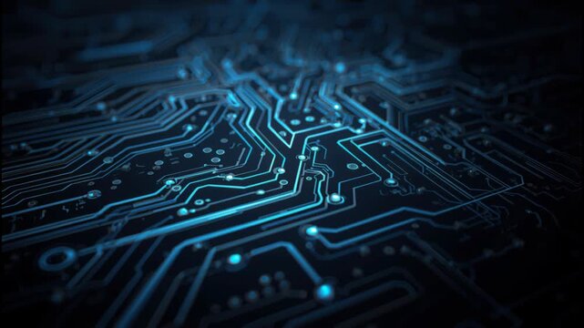 Blue circuit board pattern glowing with light and depth closeup glowing traces futuristic
