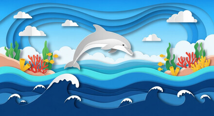Obraz premium Dolphin jumping out of ocean waves with coral reefs and tropical islands in a vibrant layered paper cut style illustration