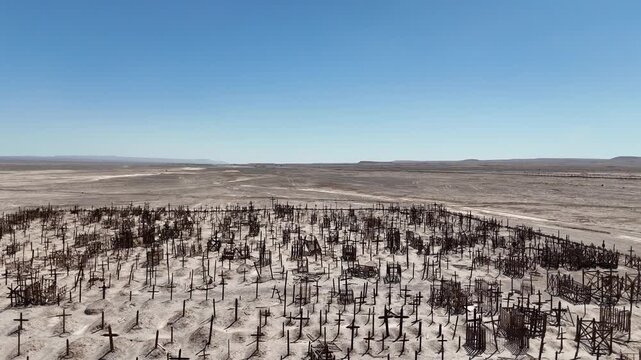 Pampa Union abandoned cemetery in Atacama Desert. Hundreds of wooden crosses in a ghost town graveyard.