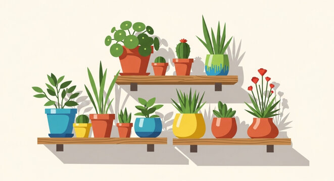 Colorful potted plants on wooden shelves against a beige wall indoor gardening home decor and plants