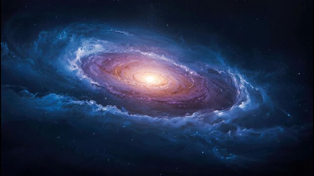 Radiant spiral galaxy with glowing core and vibrant blue nebula clouds evoking awe in space stars