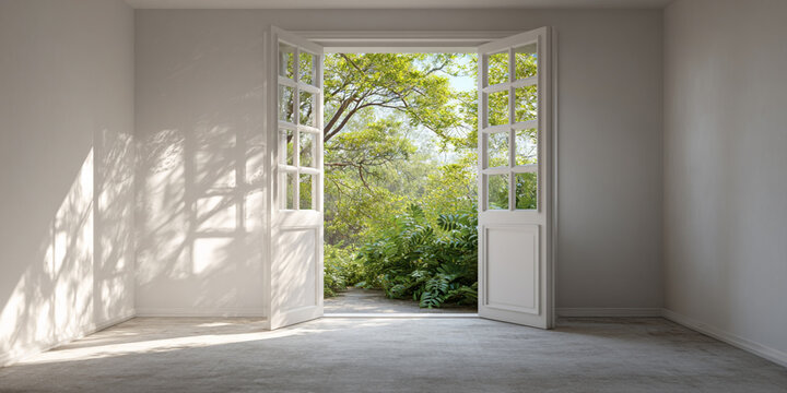 A door open to bright sunlight symbolizes opportunity, hope, and a new chapter in life.