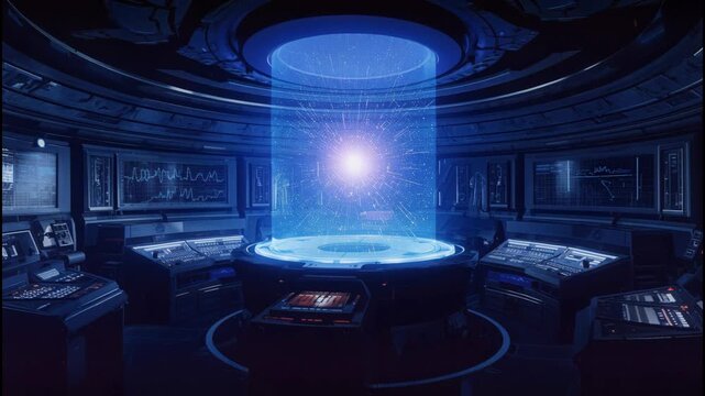 Futuristic control room holographic core glowing blue light consoles and holographic energy