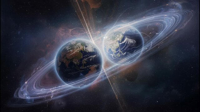 Planet ring collision space nebula galaxy. two Earthlike planets with glowing rings collide amid