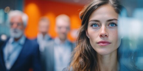 Obraz premium Confident young woman with striking blue eyes leads a diverse team in a modern office setting