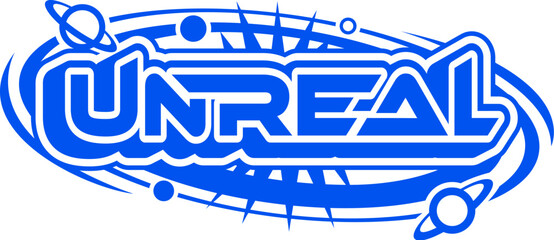 Blue Y2K streetwear unreal icon or emblem. Clothing futuristic funky emblem, brand text vintage isolated vector icon. Apparel graphic retro label element or streetwear typography Y2K print © Vector Tradition