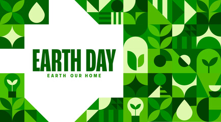 Earth day banner with green geometric pattern and bold typography surrounded by eco friendly abstract motifs, plants and leaves shapes. Vector promotional environmental ecology and sustainability card © Vector Tradition
