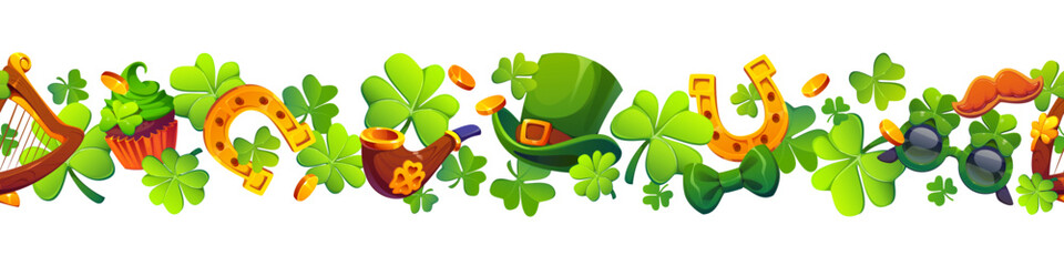 Naklejka premium St Patrick day holiday banner with shamrock clover and leprechaun golden coins, horseshoes, mustaches, harps and tobacco pipes. Festive horizontal border, seasonal decor for Irish party celebration