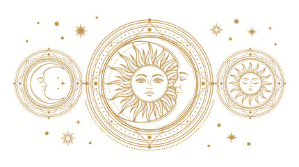 Elegant Gold Celestial Sun and Moon Astrological Vector Illustration with Mystical Esoteric Symbols and Stars © Sandi
