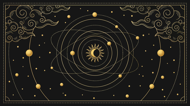 Mystical Golden Astrology Map with Sun, Moon, and Planets on Orbits - Esoteric Celestial Horoscope Design