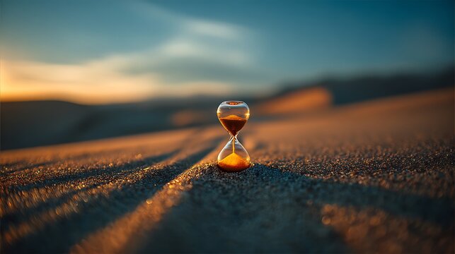 Hourglass rests on rippled sand in bright desert light at daybreak.