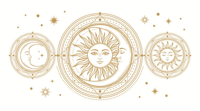Elegant Gold Celestial Sun and Moon Astrological Vector Illustration with Mystical Esoteric Symbols and Stars