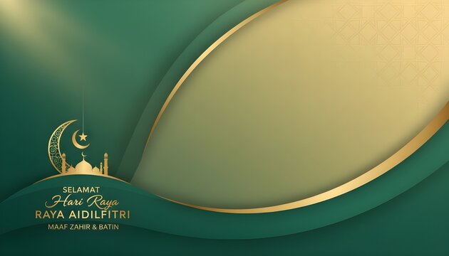 Minimal Hari Raya Aidilfitri background in emerald green and gold tones, subtle Islamic pattern texture, soft gradient lighting, elegant festive aesthetic