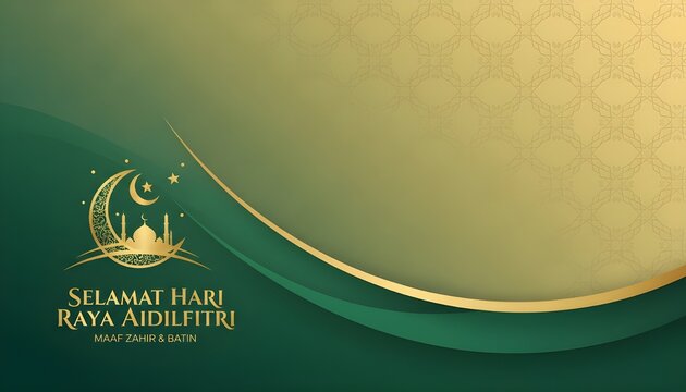 Minimal Hari Raya Aidilfitri background in emerald green and gold tones, subtle Islamic pattern texture, soft gradient lighting, elegant festive aesthetic