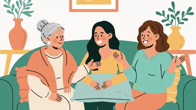 Flat vector animated scene of grandmother, mother and daughter talking together in living room