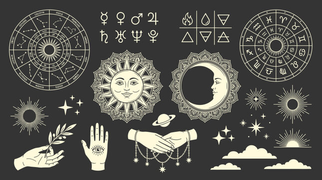 Astrology & Mystical Elements Vector Set: Sun, Moon, Zodiac, Cosmic Symbols, Hands, Esoteric & Spiritual Illustrations