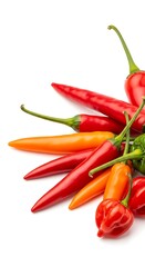 High quality arrangement of colorful red and orange peppers with green stalks perfect for culinary and food photography.