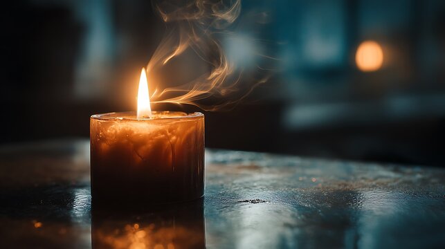 A single burning candle emits gentle smoke on a dark reflective surface.