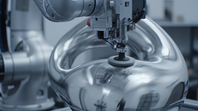 Robotic Arm Polishing Reflective Metal Surface with Circular Brush in Factory Setting Modern
