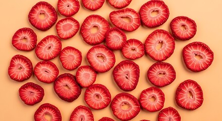 ​Minimalist top-down view of ruby red dehydrated strawberry rounds scattered across a warm pastel surface for healthy snacking.
