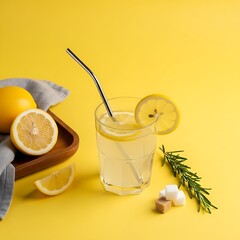 Chilled lemonade in a glass featuring citrus garnishes and sugar cubes against a vibrant, minimalist yellow studio setting.