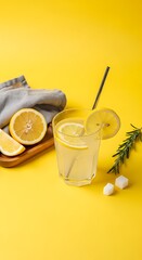Zesty homemade lemonade with a reusable straw and wooden tray elements set against a vivid yellow aesthetic background.
