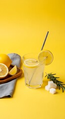 Freshly squeezed summer lemonade with sliced lemons and a metal straw served on a monochromatic yellow tabletop background.
