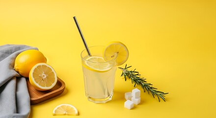 Minimalist food photography of ice-cold lemonade with sugar cubes and lemon wedges over a solid bright yellow backdrop.