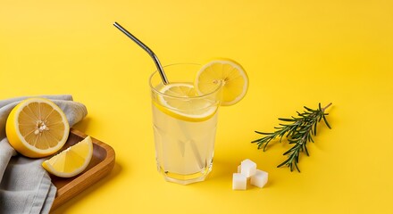 Crisp glass of lemon water decorated with citrus wheels and rosemary on a clean, vibrant yellow surface texture.