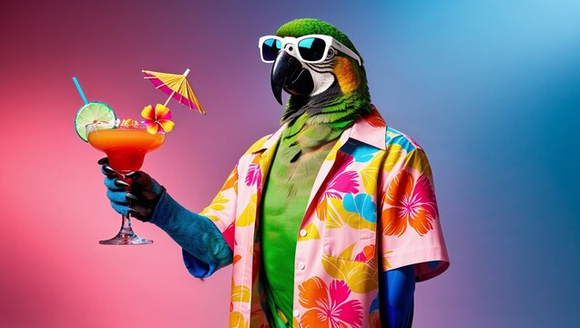 A parrot dressed in a floral shirt enjoys a vibrant cocktail drink.