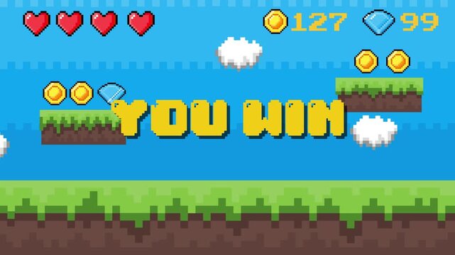 A vibrant pixel-art platformer game victory celebration screen displays 'YOU WIN' with collected hearts, coins, and diamonds against a charming retro landscape, indicating successful gameplay