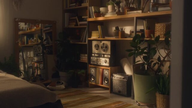 Tilt up shot of cluttered wall shelves with books, plants and art supplies in cozy home bedroom lit by soft warm lighting, copy space