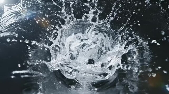 Dynamic Water Splash with Droplets on Dark Background.