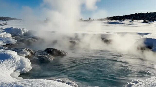 Steam rising from a hot spring in a snowy landscape.