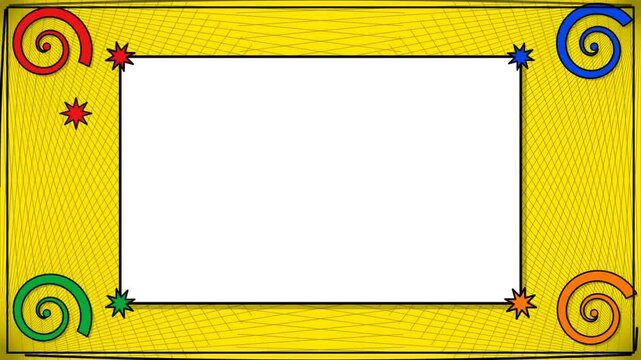 A vibrant, abstract frame with swirling patterns and colorful stars on a bright yellow background