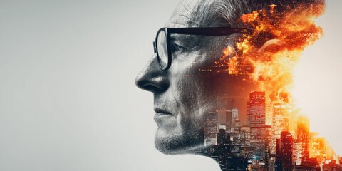 Mature man's profile with city skyline and fiery clouds superimposed