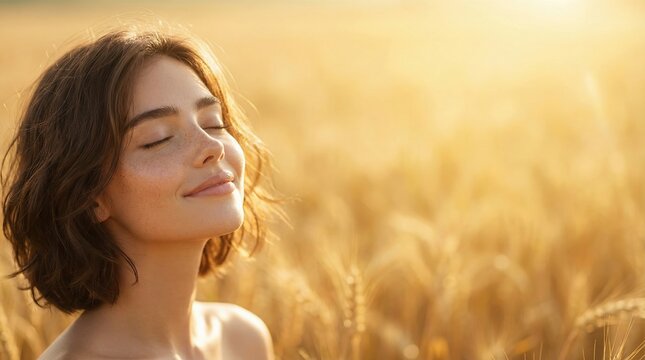 A serene young woman with closed eyes and freckles smiles peacefully in a sun-drenched golden wheat field, symbolizing tranquility and connection to nature.
