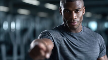 Obraz premium Fit Black man in gym pointing forward with determined expression, ready for workout