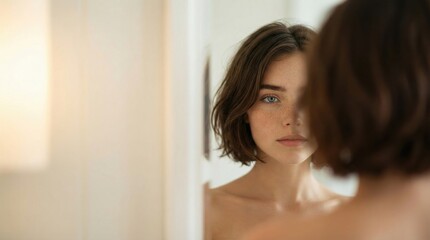 Naklejka premium A beautiful young woman with short wavy brown hair, blue eyes, and freckles gazes intently at her reflection in a mirror, symbolizing self-care and inner contemplation.
