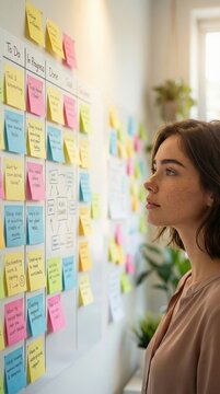 A young woman in an office thoughtfully observes a white project management board covered with colorful sticky notes, symbolizing strategic planning and agile workflow.