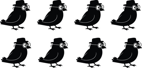 Black vector silhouette set of cute cartoon birds wearing hats and glasses for education library school learning literature book and creative avian branding design