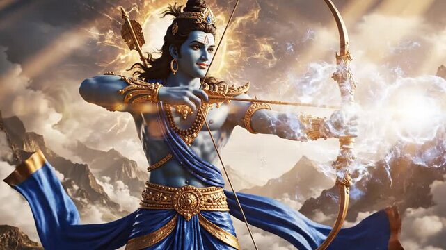 Lord Rama with Bow and Arrow in Divine Pose Against Mountainous Sky