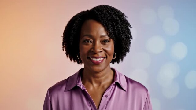 A joyful woman wearing a purple blouse, suitable for lifestyle or business content.