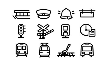 Set of railway and train station icons including locomotive subway tram signal crossing gate conductor hat and track switch © AVRIX
