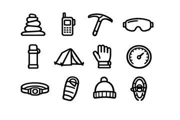 Mountain climbing and camping equipment line icon set including tent ice axe sleeping bag and hiking gear on white background © AVRIX