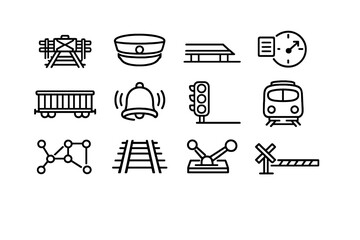 Railway and train transportation elements featuring tracks locomotive signal and station equipment for logistics and travel design © AVRIX