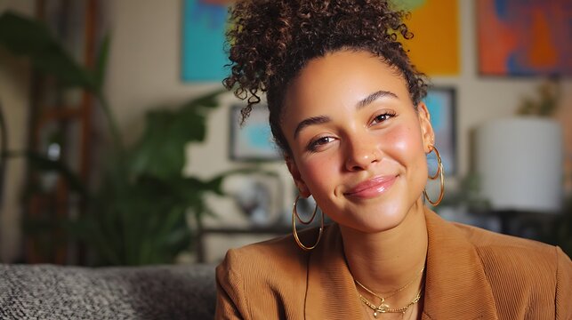 Smiling young woman with curly hair looks directly into the camera with confidence.