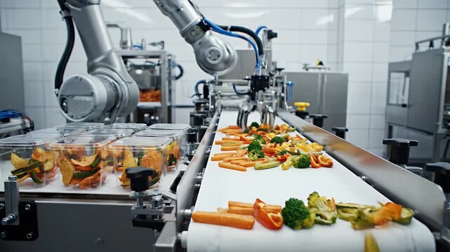 Robotic Arm Sorting Vegetables on Conveyor Belt in Food Processing Plant under Bright Lighting to
